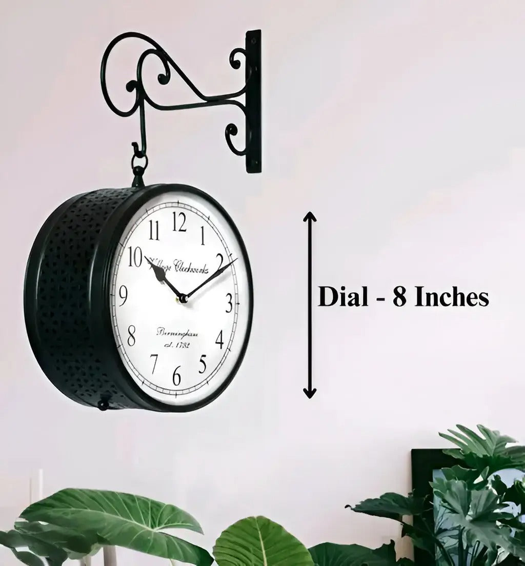 Vintage-Style Double-Sided Metal Wall Clock - Black Analog Station Design