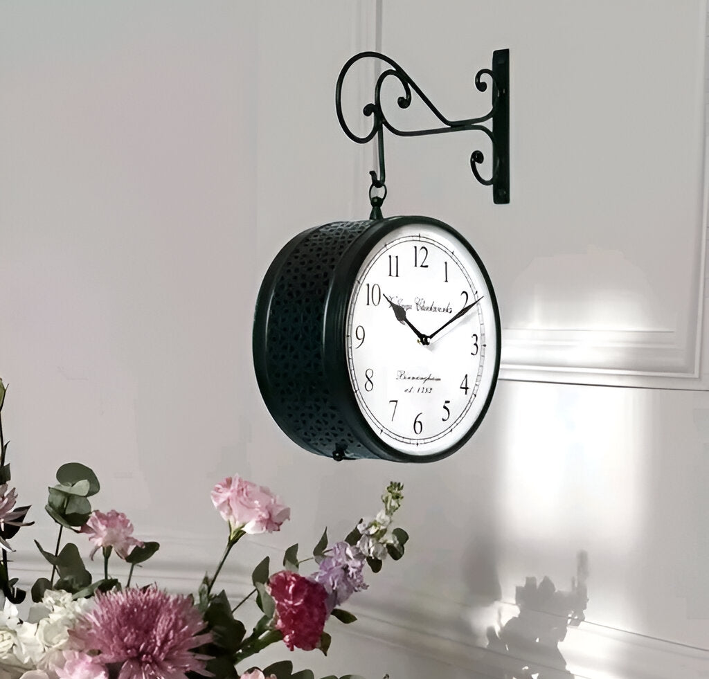 Vintage-Style Double-Sided Metal Wall Clock - Black Analog Station Design