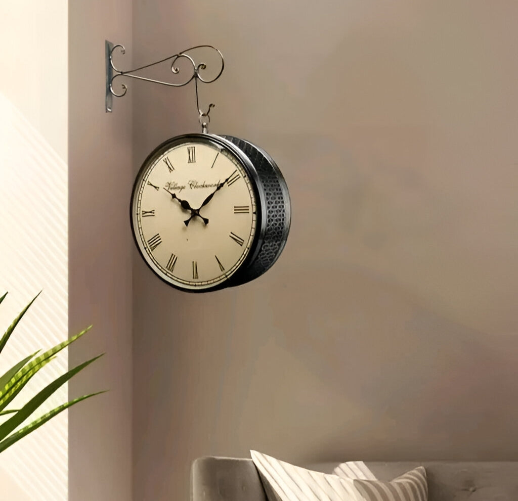 Vintage-Style Double-Sided Metal Wall Clock - Black Analog Station Design