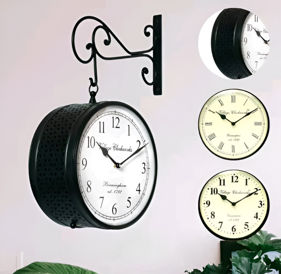 Vintage-Style Double-Sided Metal Wall Clock - Black Analog Station Design